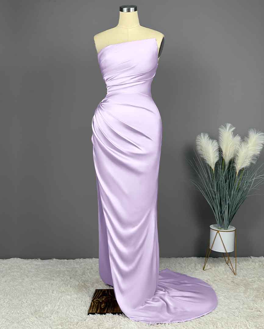 Simple Blue Sleeveless Charmeuse Prom Dress with High Slit and Pleats BM bride