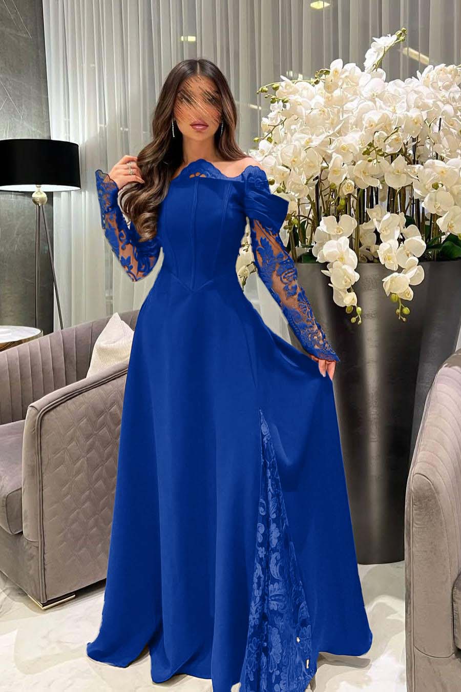 White Off the Shoulder Long Sleeves Long Prom Dress With Appliques BMBRIDE
