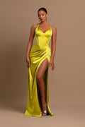 Fashionable Yellow Halter Neck Mermaid Side Split Prom Dress With Pleated BMBRIDE