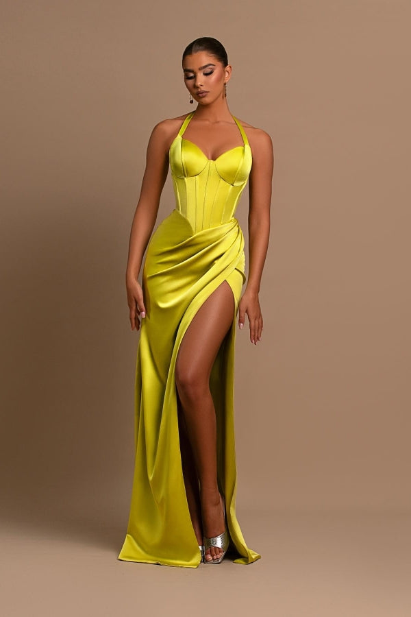 Fashionable Yellow Halter Neck Mermaid Side Split Prom Dress With Pleated