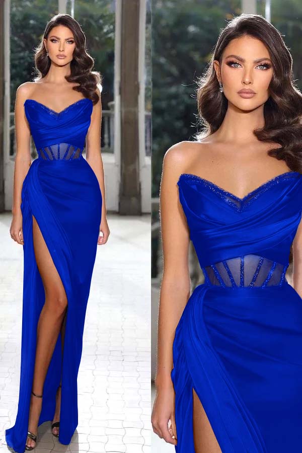 Strapless Sleeveless Long Mermaid Prom Dress With Split Pleated BMBRIDE