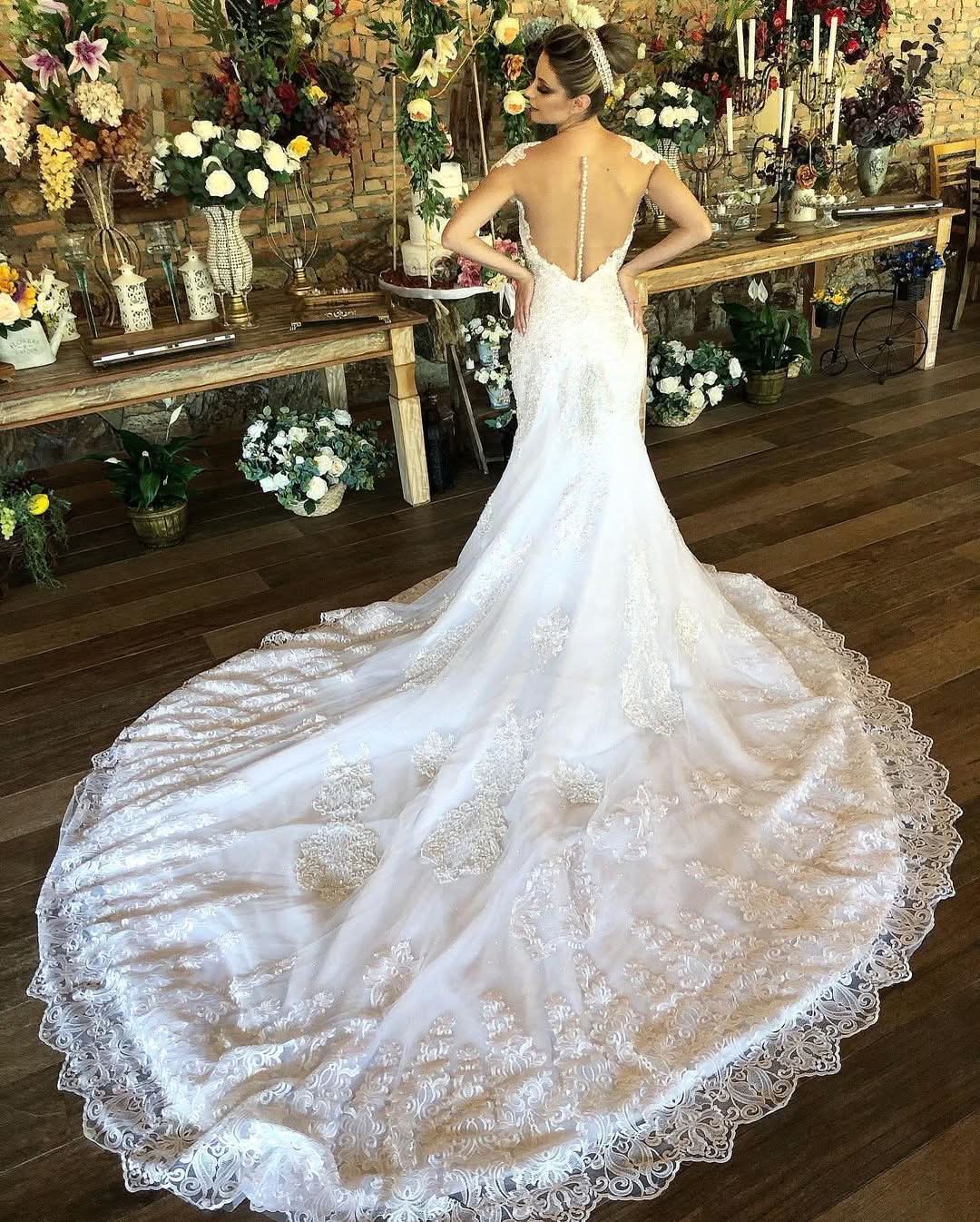Charming Long Sweetheart Mermaid Wedding Dress with Cap Sleeves and Lace BM bride