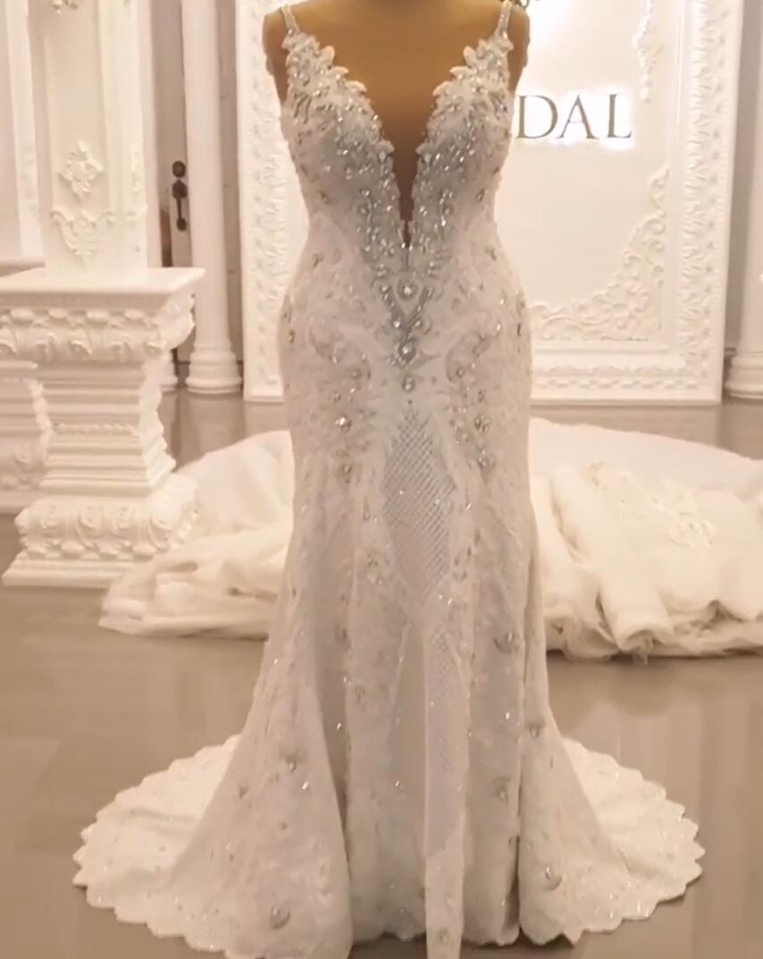Spaghetti-Straps Sweetheart A-line Backless Wedding Dress With Appliques Lace BM bride