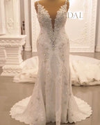 Spaghetti-Straps Sweetheart A-line Backless Wedding Dress With Appliques Lace BM bride