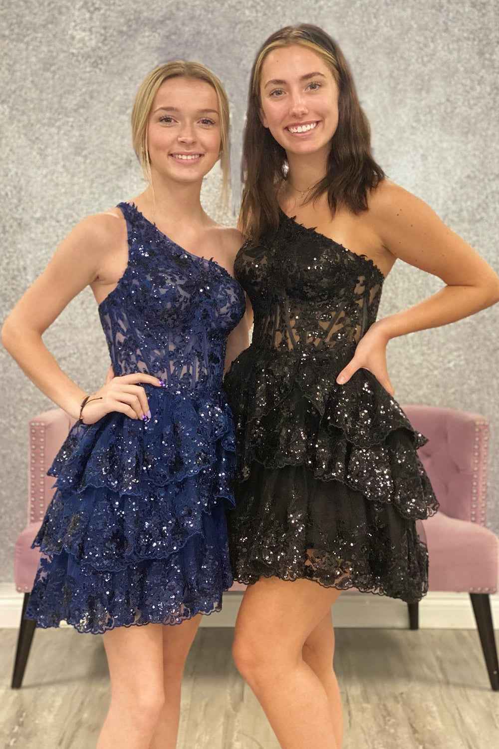 Sparkly Dark Blue Tiered Lace One Shoulder Short Homecoming Dress Bmbride