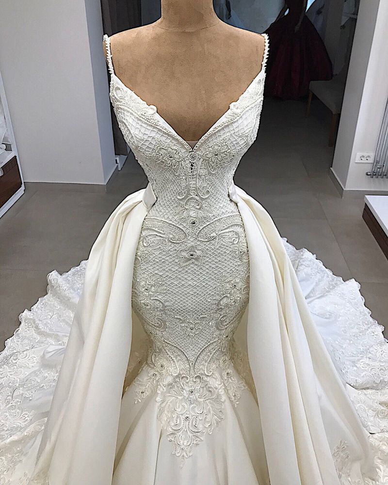 Detachable Skirt Spaghetti Strap Mermaid Wedding Dress with Ruffle Appliques BM bride