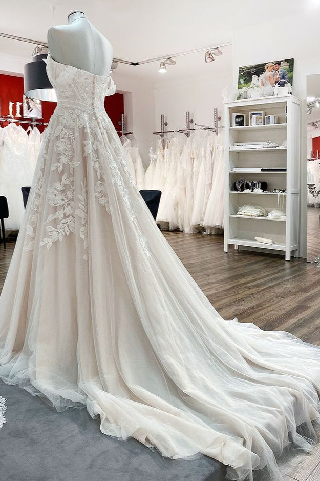 Sleeveless Off-the-Shoulder Long A-Line Wedding Dress with Tulle Lace Appliques BM bride