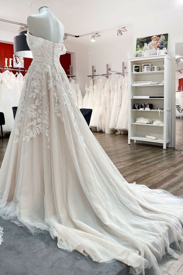 Sleeveless Off-the-Shoulder Long A-Line Wedding Dress with Tulle Lace Appliques BM bride