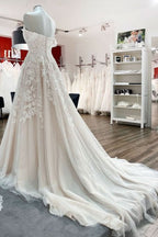 Sleeveless Off-the-Shoulder Long A-Line Wedding Dress with Tulle Lace Appliques BM bride