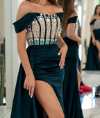 Strapless Sleeveless Prom Dress with Rhinestone and Long Side Slit Trail BM bride