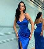 Mermaid Royal Blue Spaghetti Strap Sleeveless Split Prom Dress With Sequins