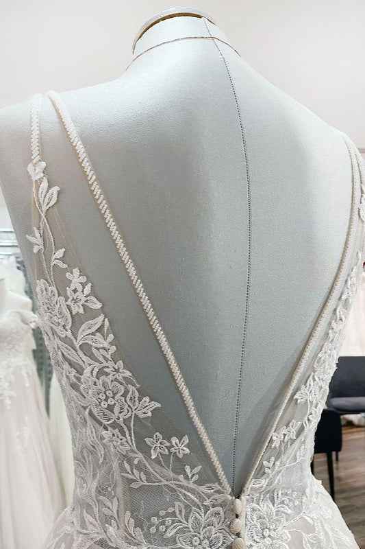 Elegant V-Neck Long A-Line Lace Wedding Dress with Tulle and Spaghetti Straps BM bride