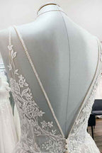 Elegant V-Neck Long A-Line Lace Wedding Dress with Tulle and Spaghetti Straps BM bride
