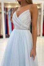 Light Sky Blue Spaghetti-Straps Tulle Long Prom Dress with Beads BM bride