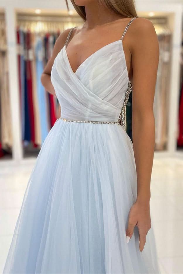 Light Sky Blue Spaghetti-Straps Tulle Long Prom Dress with Beads BM bride