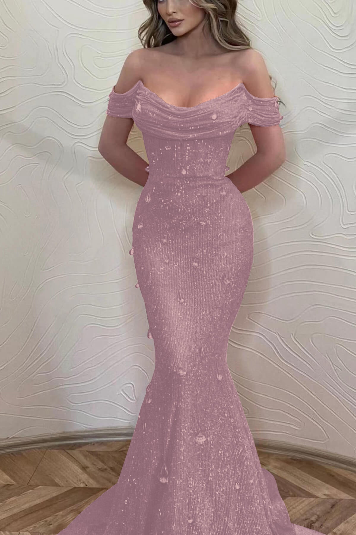 Orange Off the Shoulder Strapless Sleeveless Prom Dress With Sequins Mermaid BMBRIDE