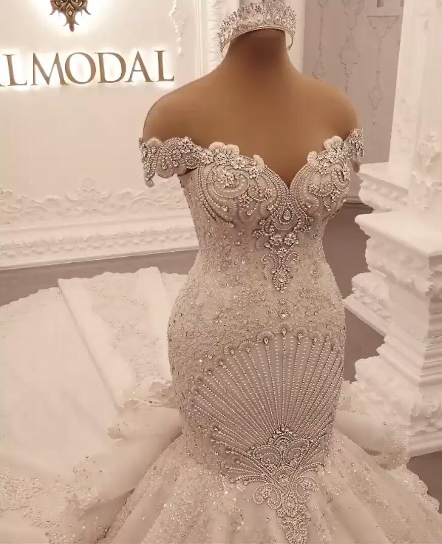 Off-the-Shoulder Floor-Length Backless Mermaid Wedding Dress with Crystal BM bride