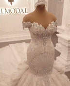 Off-the-Shoulder Floor-Length Backless Mermaid Wedding Dress with Crystal BM bride