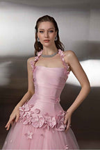 Tulle Halter Sleeveless Long Prom Dress With Appliques Pleated