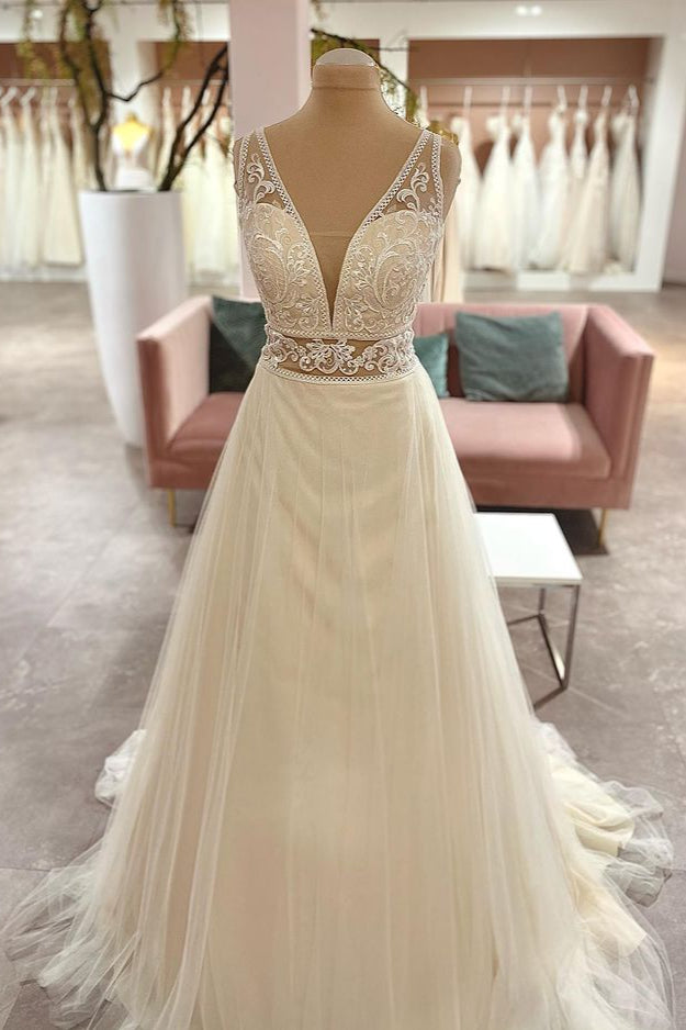 Sweetheart A-Line Floor-Length Tulle Wedding Dress with Lace Appliques BM bride