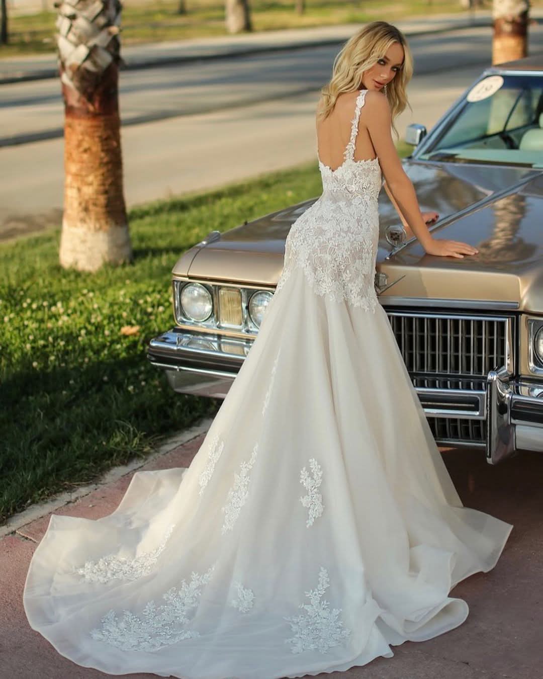 Sweetheart Backless Long Mermaid Wedding Dress With Tulle Lace BM bride