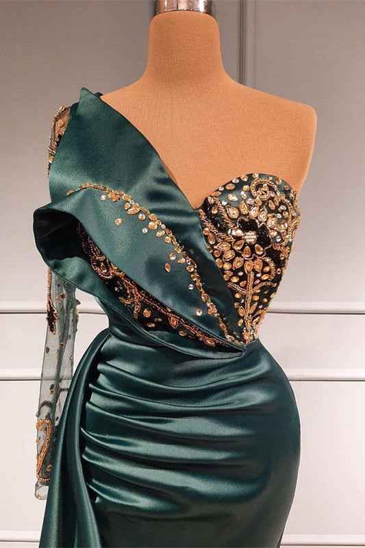 Dark Green Long Lace Sleeve Beads Mermaid Prom Dress With Appliques