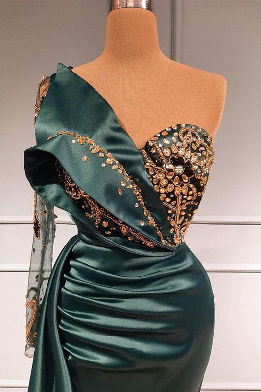 Dark Green Beaded Mermaid Long Sleeve Lace Evening Dress with Appliques BM bride