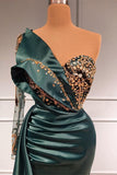 Dark Green Beaded Mermaid Long Sleeve Lace Evening Dress with Appliques BM bride