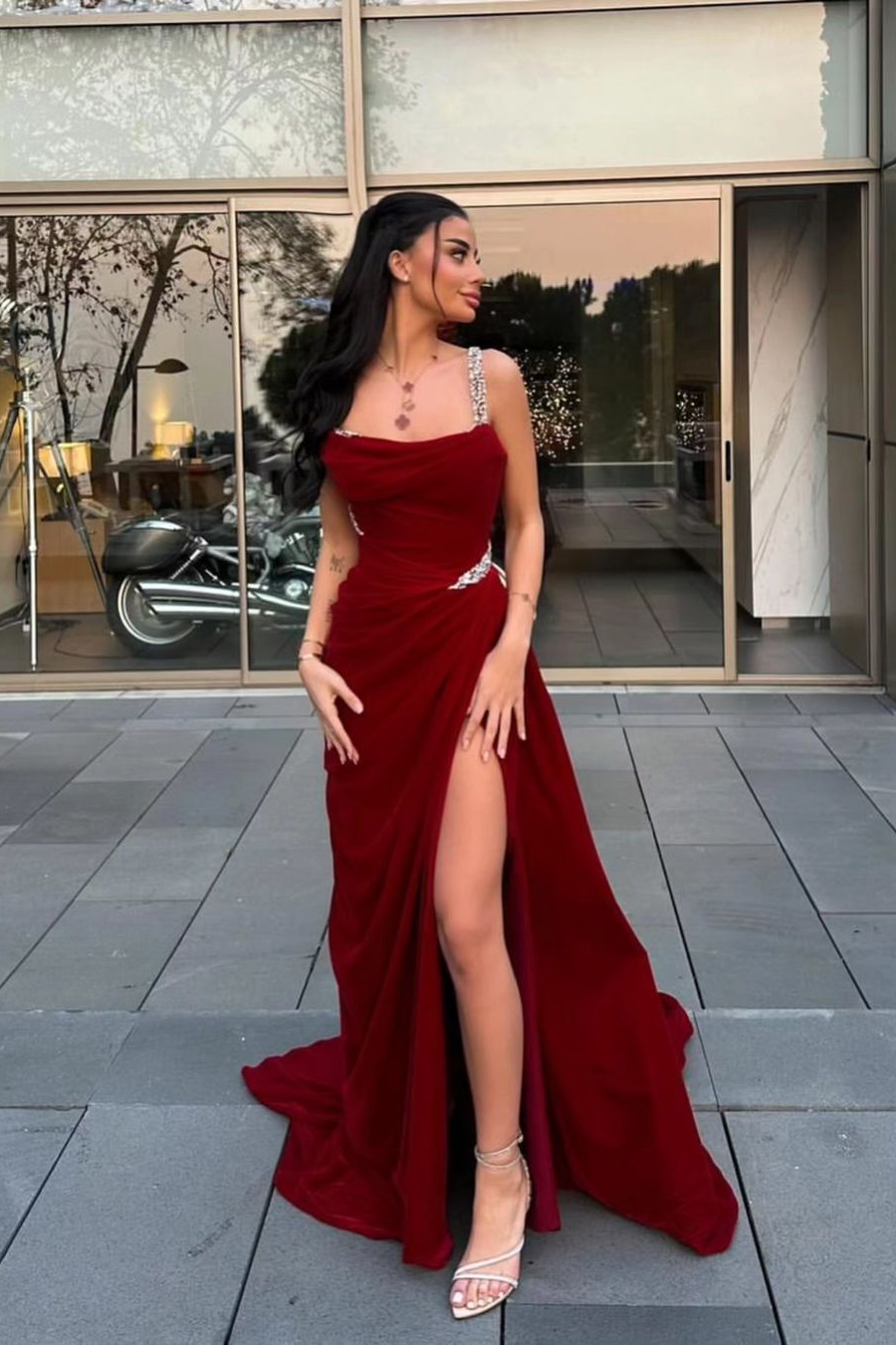 Spaghetti Strap Sleeveless Long Prom Dress With Split Beading BMBRIDE