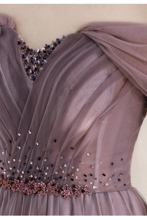 Elegant Infinity Tulle Off the Shoulder Sweetheart Long Prom Dress With Sequins BMBRIDE