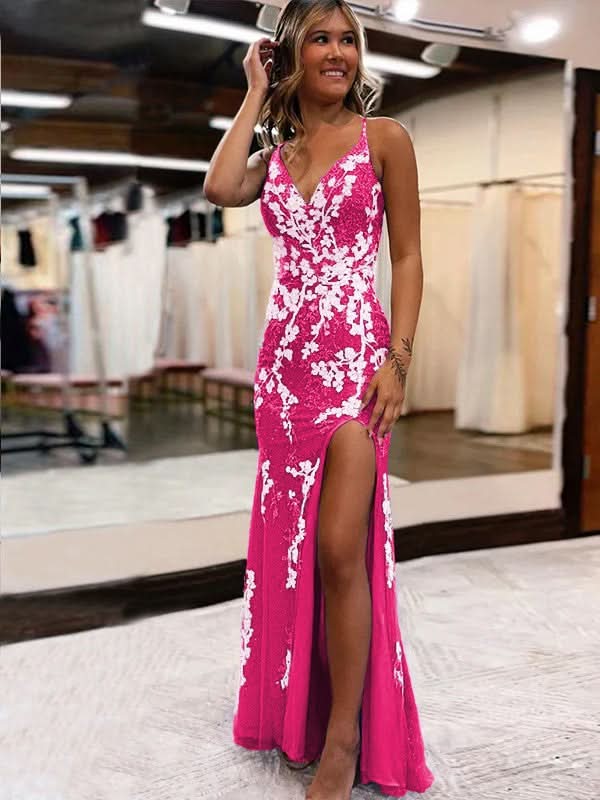 Glittering Blue Mermaid Lace Long Prom Dress with Slit BM bride