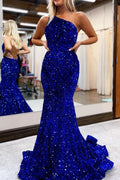 Royal Blue One-Shoulder Sequined Mermaid Prom Dress BM bride