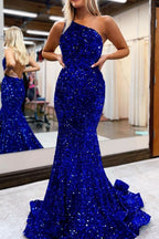Royal Blue One-Shoulder Sequined Mermaid Prom Dress BM bride