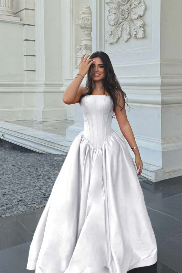 Chic Sleeveless Strapless Long A Line Prom Dress With Pleated BMBRIDE