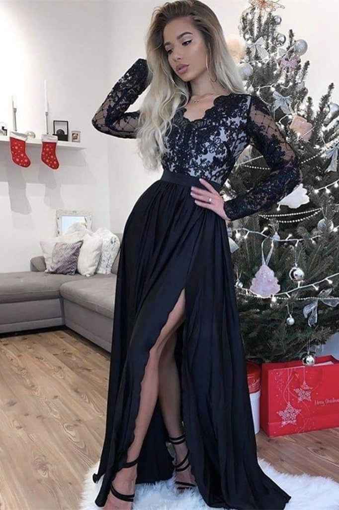 Black Long Sleeves High Waist Side Split Long Prom Dress With Appliques