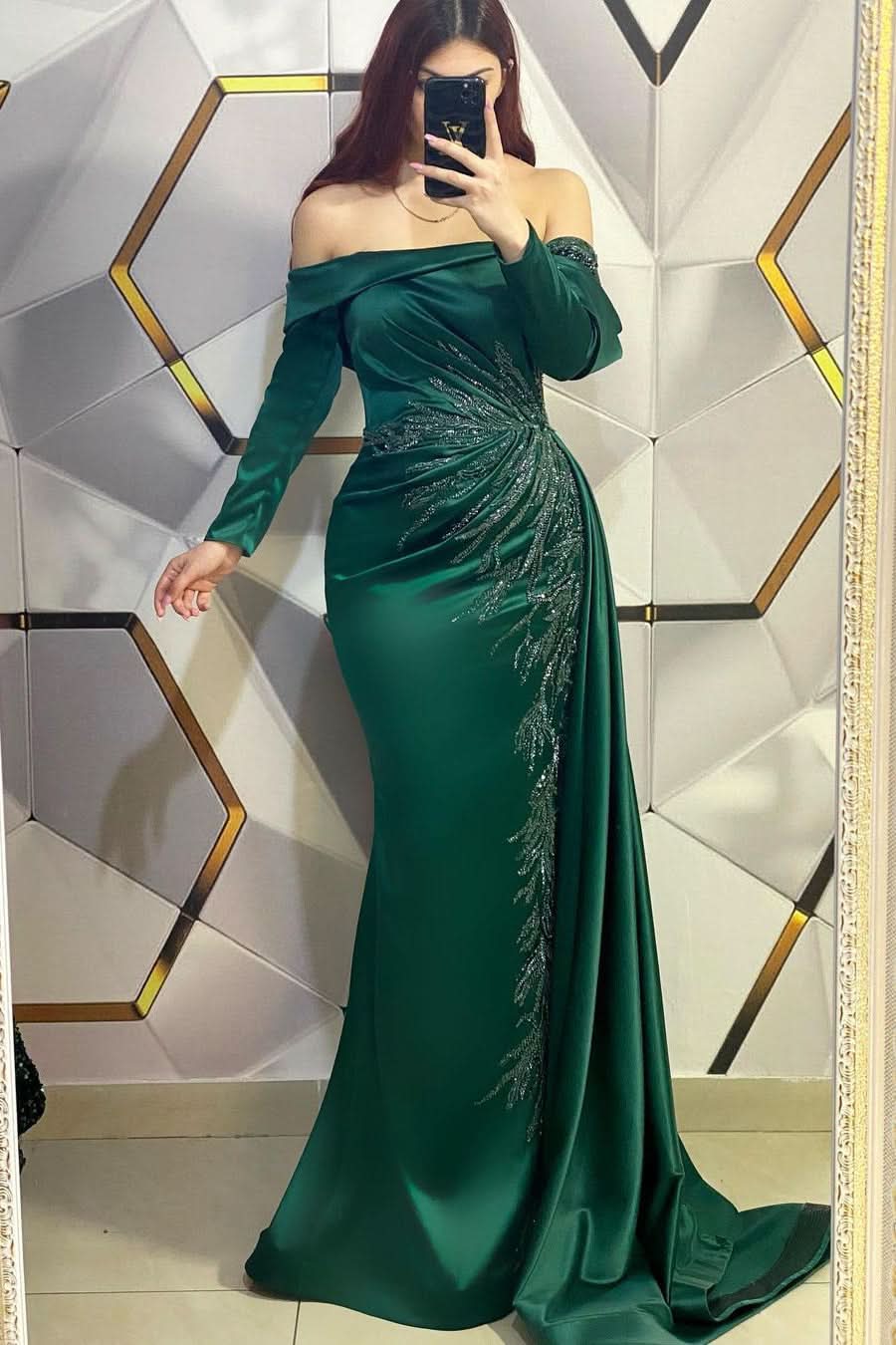 Glamorous Off-the-Shoulder Dark Green Pleated Mermaid Prom Dress BM bride