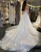 A-Line Deep V-neck Backless Wedding Dress Long Sleeves Pearl With Appliques Lace BM bride