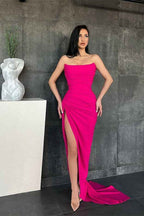 Mermaid Strapless Sleeveless Pleated Long Evening Dress With High Split