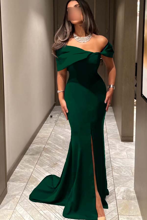 Off the Shoulder Sleeveless Long Mermaid Prom Dress With Pleated BMBRIDE