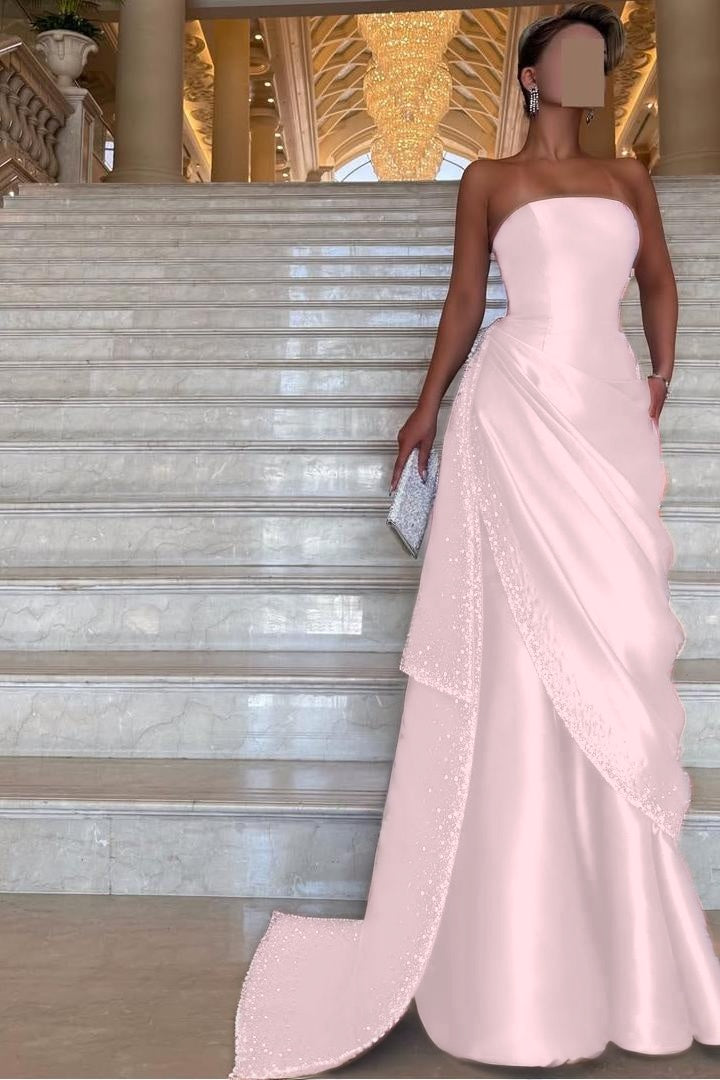 Chic Strapless Sleeveless Long Prom Dress With Pleated Beading BMBRIDE