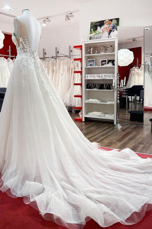 Sleeveless Jewel Neck Long A-Line Tulle Wedding Dress with Ruffles and Lace Appliques BM bride