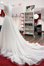 Sleeveless Jewel Neck Long A-Line Tulle Wedding Dress with Ruffles and Lace Appliques BM bride