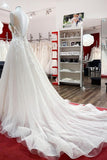 Sleeveless Jewel Neck Long A-Line Tulle Wedding Dress with Ruffles and Lace Appliques BM bride
