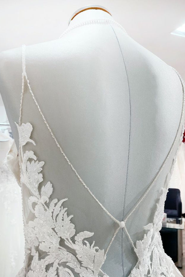 Princess V-Neck Spaghetti Strap Long Wedding Dress with Tulle Sequins and Lace Appliques BM bride