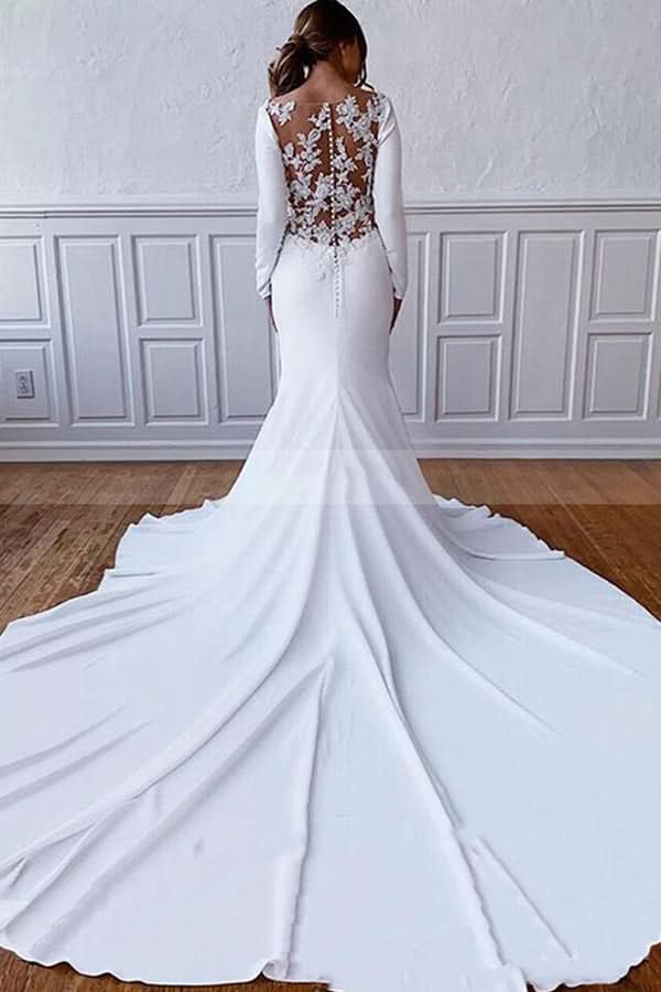 Long Sleeve Illusion Lace Back Sheath Wedding Dress with Appliques BM bride