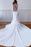 Long Sleeve Illusion Lace Back Sheath Wedding Dress with Appliques BM bride