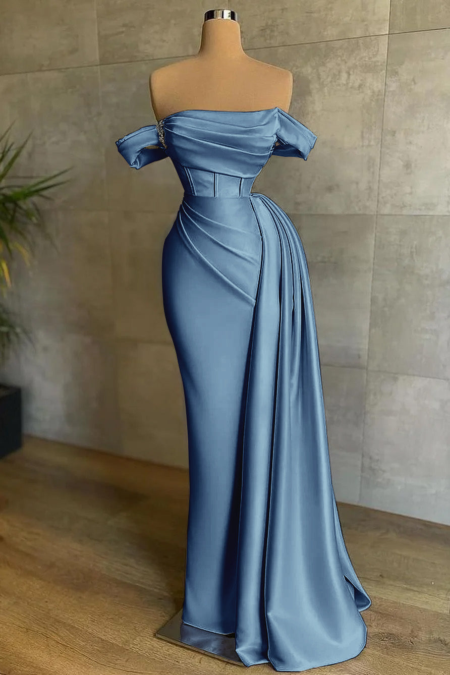 Stunning White Strapless Mermaid Pleated Long Prom Dress Off the Shoulder BMBRIDE