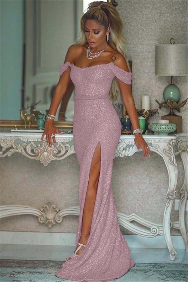 Pink Sequins Off the Shoulder Mermaid Elegant Prom Dresses With Split BMBRIDE