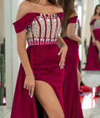 Strapless Sleeveless Prom Dress with Rhinestone and Long Side Slit Trail BM bride