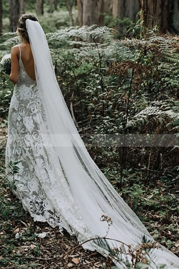 Charming Spaghetti Strap Backless A-Line Wedding Dress with Lace BM bride